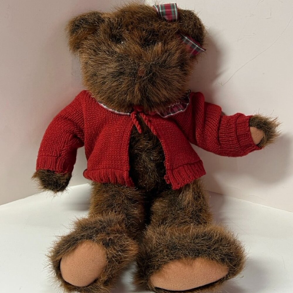 Vintage 16" Commonwealth Brown Teddy Bear Red Sweater Plaid Christmas Bow